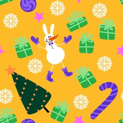Winter seamless snowman and snowflakes pattern for Christmas wrapping paper and kids notebooks