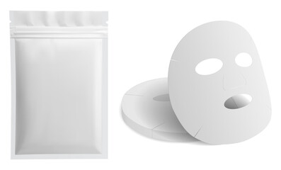 Facial mask sheet, vector package design. Sachet blank mockup for collagen mask. Realistic concept of cosmetology moisturizer illustration, hygiene pack of rejuvenation face mask
