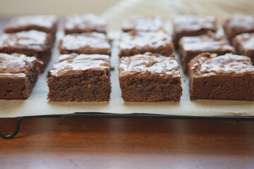 Side View of Homemade Brownies on a Cooling Rack