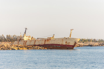 A large cargo ship that ran aground in the Sea Caves area of Paphos County, near Coral Bay, during a storm on December 8, 2011 after an engine failure.