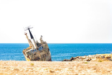 A large cargo ship that ran aground in the Sea Caves area of Paphos County, near Coral Bay, during a storm on December 8, 2011 after an engine failure.