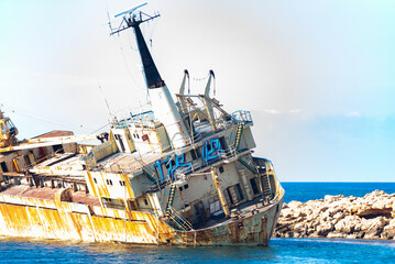 A large cargo ship that ran aground in the Sea Caves area of Paphos County, near Coral Bay, during a storm on December 8, 2011 after an engine failure.