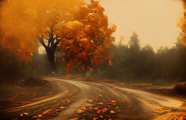 Obraz premium autumn and road, autumn yellow, sketch generated art