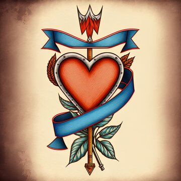 iconic tattoo style image of an arrow heart and banner