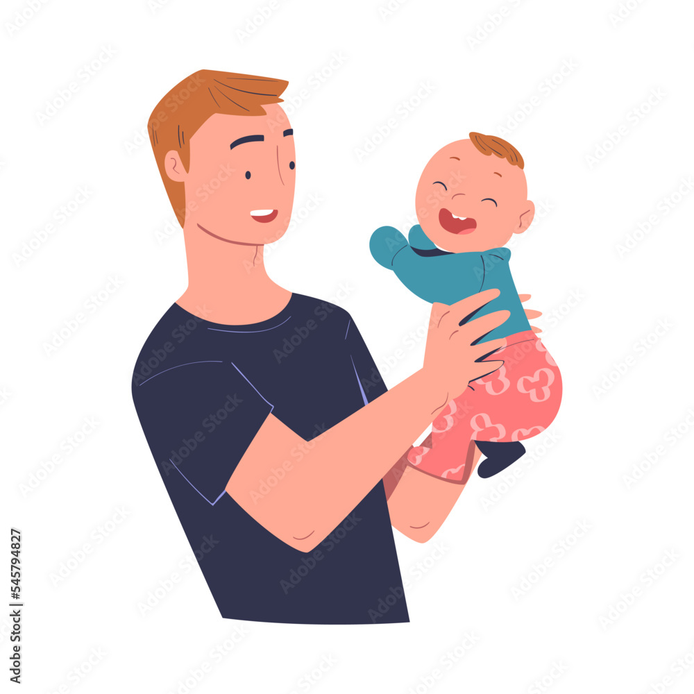 Poster Dad holding his happy baby in hands. Parent hugging newborn baby expressing love and care cartoon vector illustration