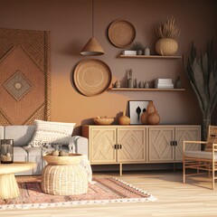 Scandinavian style. Living room design with boho decoration. Mock up wall in brown interior with wooden furniture. 3d rendering illustration.