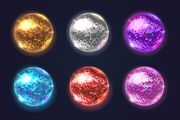 Set of shiny colorful disco balls. Elements for holiday design. Vector 3d illustration. - 545795093