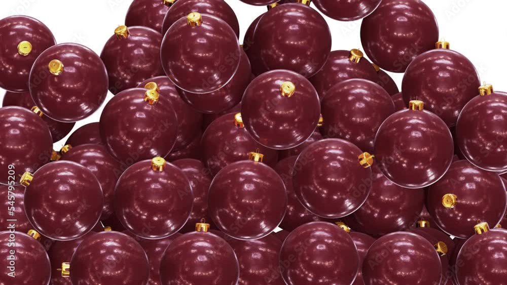 Poster realistic 3d animation of the trendy red-brown color christmas baubles falling from the top filling 