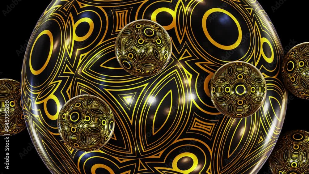Poster realistic satisfying looping 3d animation of the beautiful golden yellow ornament black sphere with 