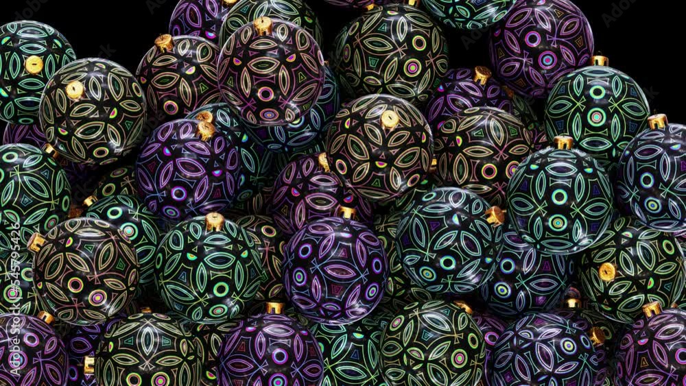 Aufkleber realistic 3d animation of the abstract fancy colorful pattern black christmas baubles falling from t