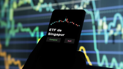 Un inversor está analizando el singapur etf fondo en pantalla. Un teléfono muestra los precios del ETF SINGAPUR para invertir. Texto en español.