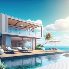 Luxury beach house with sea view swimming pool and terrace in modern design, Lounge chairs on wooden floor deck at vacation home or hotel 3d illustration of contemporary holiday villa exterior