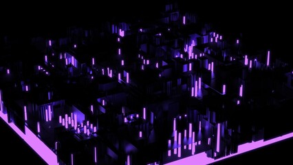 Black-purple futuristic circuit technology with purple LED point light. Concept 3D CG of hi-tech digital data connection system, computer electronic design and Sci-Fi Landscape.