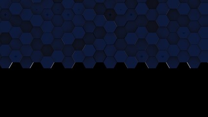 Abstract background with waves made of dark blue gradation futuristic honeycomb mosaic hexagon geometry primitive forms that goes up and down under back background. 3D illustration. 3D CG.