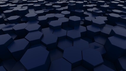Abstract background with waves made of dark blue gradation futuristic honeycomb mosaic hexagon geometry primitive forms that goes up and down under back background. 3D illustration. 3D CG.