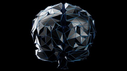 Metallic black polygonal human brain. Low poly blue wire frame mesh and dot on black board. Concept 3D CG of knowledge network of mankind, inspiration for invention and explosive ideas.