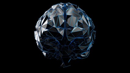 Metallic black polygonal human brain. Low poly blue wire frame mesh and dot on black board. Concept 3D CG of knowledge network of mankind, inspiration for invention and explosive ideas.