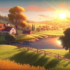 Sun countryside landscape in cartoon style.