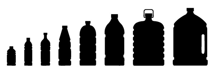Plastic bottle for clean mineral water icon set. different shapes flask black solid symbol. Recycling container blank silhouette sign for liquid product isolated on white. Tare for beverage