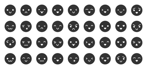 Emoji faces black glyph icon set. Flat funny emoticon circle avatar with different emotions. Joyful happy laugh, angry sad cry, love kiss smile, cheerful emoticons. Comic emotional face expressions