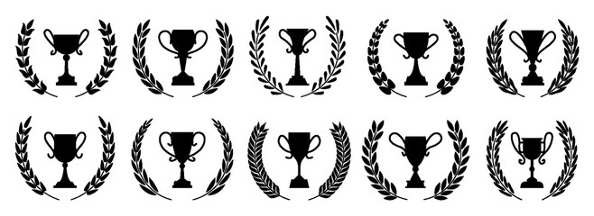 Goblet with laurel wreath black glyph icon set. 1st 2nd 3rd place different shape winner award. Champion prize heraldic emblem. Victory leaderships trophy cups. Best choice symbol. Championship signs