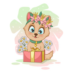 A cute cartoon kitten with a gift and flowers