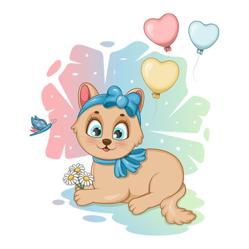 Cute cartoon kitten with flowers, balloons and a butterfly