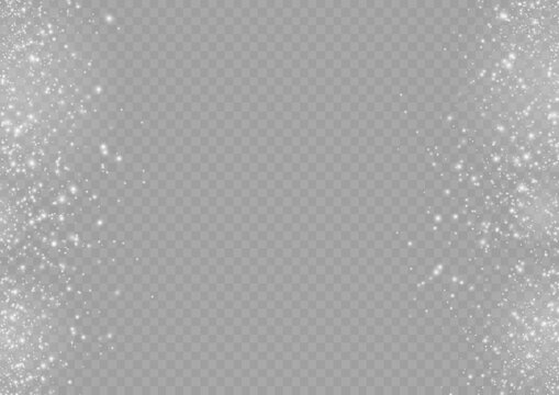 Blur white sparks and glitter special light effect. Fine, shiny bokeh dust particles fall off slightly. Defocused silver sparkle, stars and blurry spots. Magical flickering lights. Vector illustration