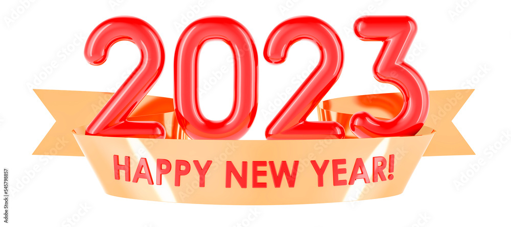 Poster happy new year 2023 concept with text on the red ribbon, 3d rendering