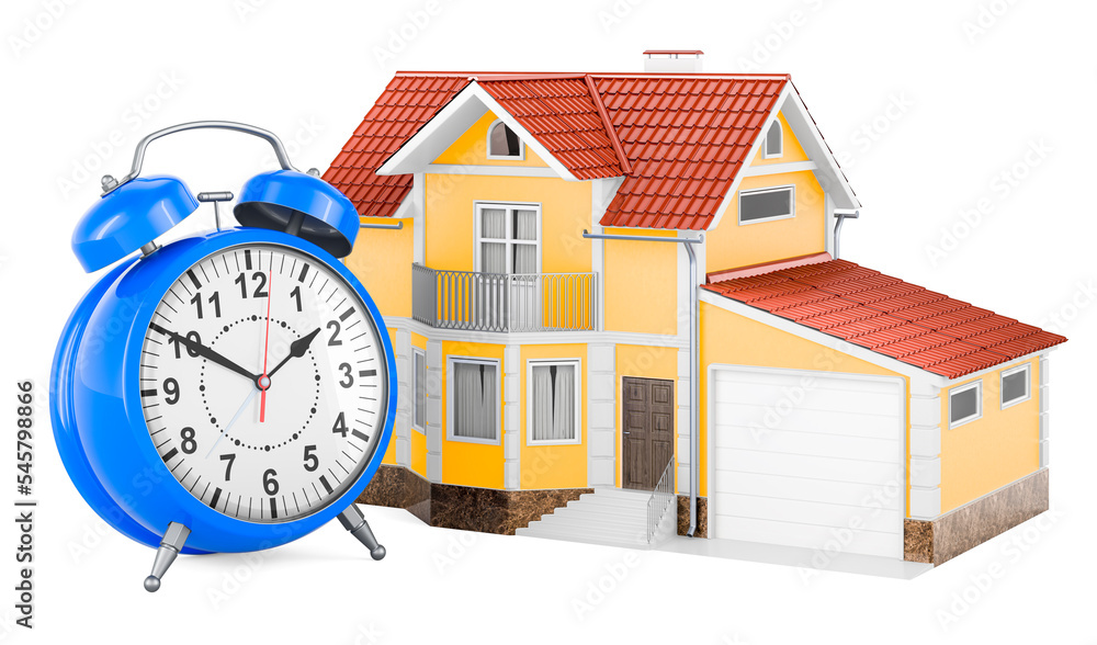 Poster home with alarm clock, 3d rendering
