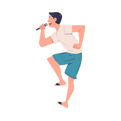 Young man performing on stage with microphone. Male singer singing and dancing cartoon vector illustration