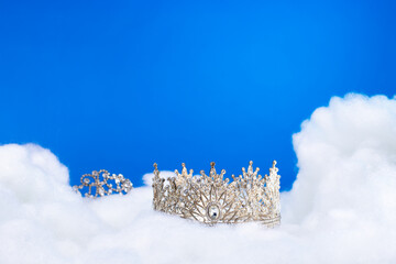 Puff Cloud Diamond Crown put on cloudscape Deep blue sky atmosphere high heaven for Miss Beauty Pageant Contest Competition, outing trip camping podium background © Jade