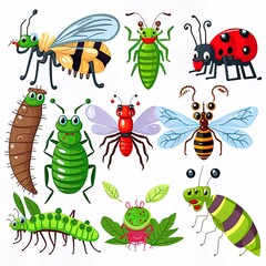 Cute cartoon insects. Funny caterpillar and butterfly, children bugs, mosquito and spider. Green grasshopper, ant and ladybug. Bug insect colorful isolated illustration icons