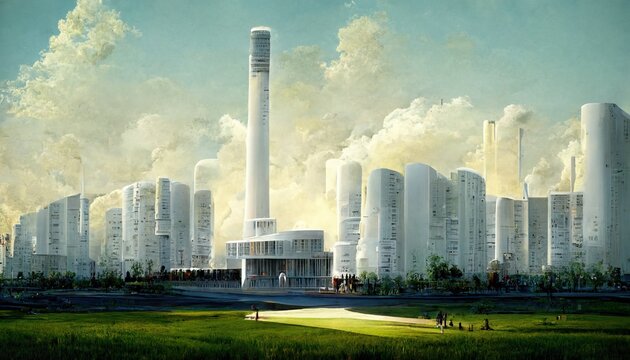 Industrial Hydrogen Power Plant With Battery Farm Supplying Power To A Modern City