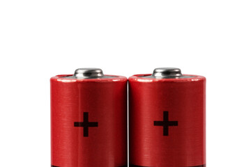 rechargeable batteries in a red shell, positive contact, isolated on a white background