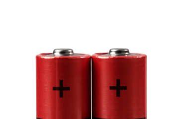 rechargeable batteries in a red shell, positive contact, isolated on a white background