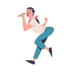 Fototapeta na wymiar Guy performing on stage with microphone. Young man singing song and dancing cartoon vector illustration