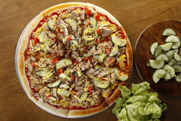 semi-closeup of pizza with various ingredients