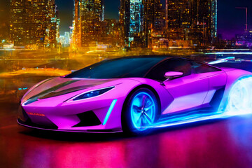 Futuristicc concept sport car in a metaverse city. Neon glowing. 3d