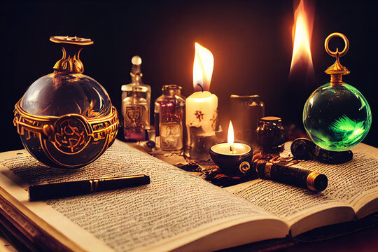 A Mysterious Alchemist or Wizard’s Desk with Notes, Books, Potions, Candles, and Magical Items. 3D Render. [Digital Art Illustration, Sci-Fi or Fantasy Style Background, Halloween Card Image]
