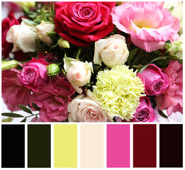Beautiful fresh flowers and color palette. Collage