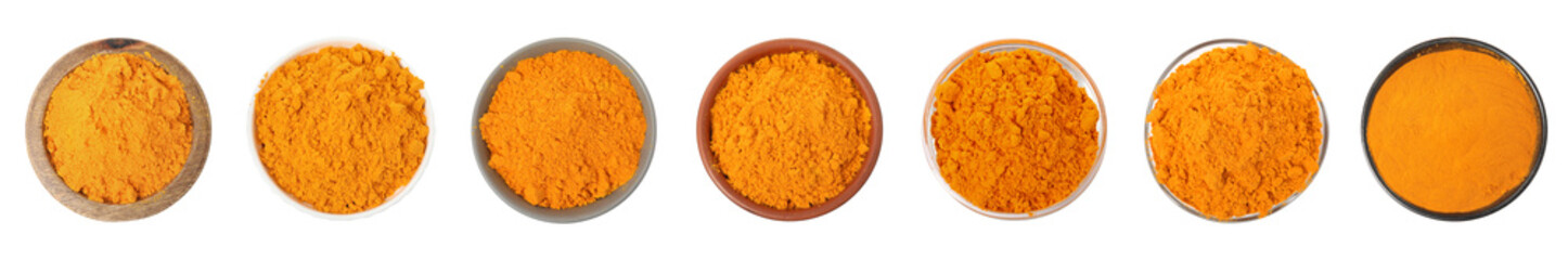 Set with saffron powder on white background, top view. Banner design