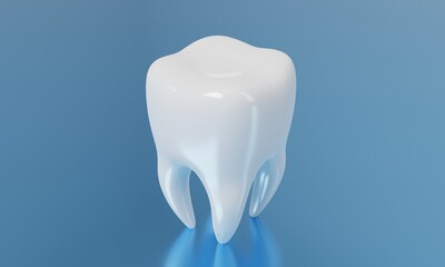 Tooth on blue reflect background. Medical wellness and Dental healthcare concept. 3D illustration rendering