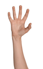 Woman gesturing on white background, closeup of hand