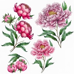 Pink peonies ?llustration of elements on white isolated background watercolor hand drawing
