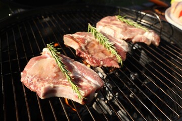 Cooking meat on barbecue grill outdoors, closeup