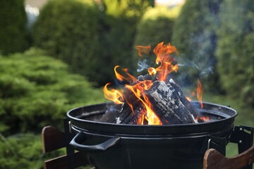 Portable barbecue grill with fire flames outdoors, closeup