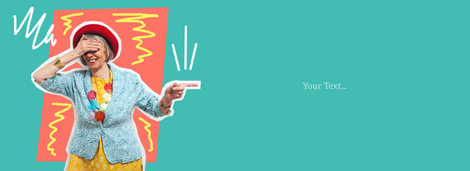 Funny cool old lady dressed in trendy clothes points to an empty space for your text. Your text here. Collage in magazine style. Modern creative artwork. Discount, sale season. Information concept.