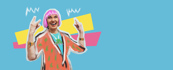 Funny cool old lady dressed in trendy clothes on a colorful studio background. Forever young...