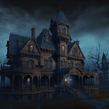 3D Render of a Creepy Victorian Haunted House. Horror Movie House. (Digital Illustration in the Style of Fantasy Wallpaper, Film Still, Greeting Card, Holiday Card, Invitation, or Postcard.)